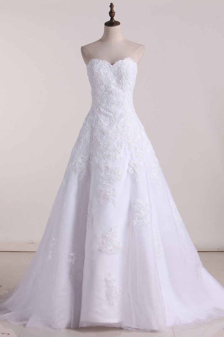 Strapless Wedding Dresses A Line Tulle With Applique Court Train