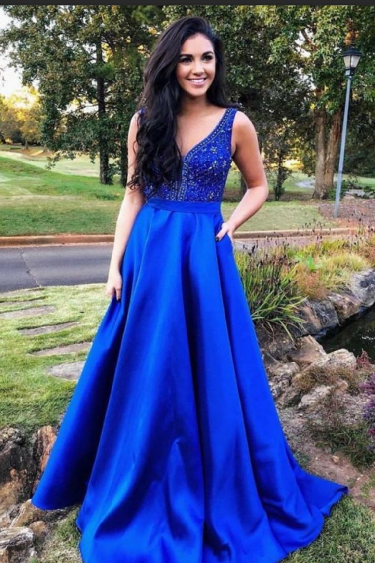 A Line Prom Dresses V Neck Satin With Beads&Sequins