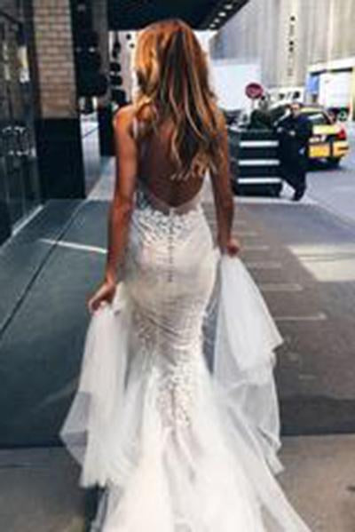 Luxurious Mermaid Long V-neck Wedding Dress with Open Back WK544