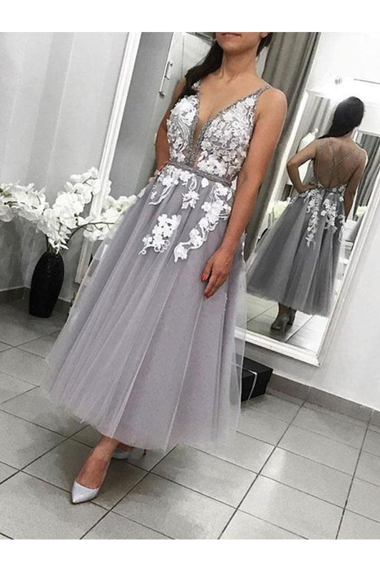 A Line V Neck Backless Tea Length Homecoming Dreses Tulle Appliques