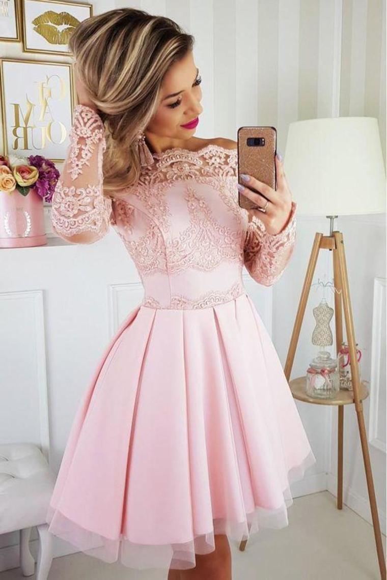 Off The Shoulder Long Sleeves Short Homecoming Dress With Lace Appliques