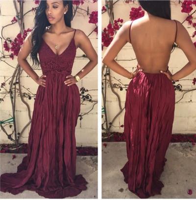Simple Burgundy A-Line Chiffon Lace V-Neck Spaghetti Straps Backless Long Prom Dresses WK04