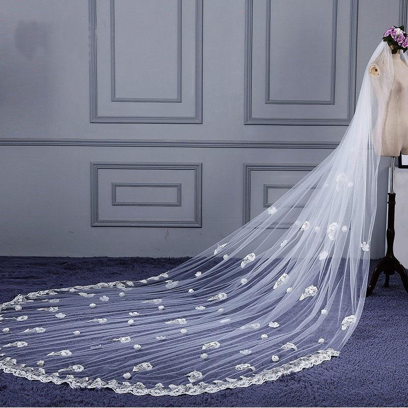 3M Tulle Ivory Wedding Veils with Appliques, Fashion Hand Made Flowers Wedding Veils SWK15544