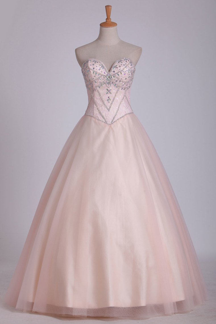 A Line Prom Dresses Sweetheart Tulle With Beading Lace Up