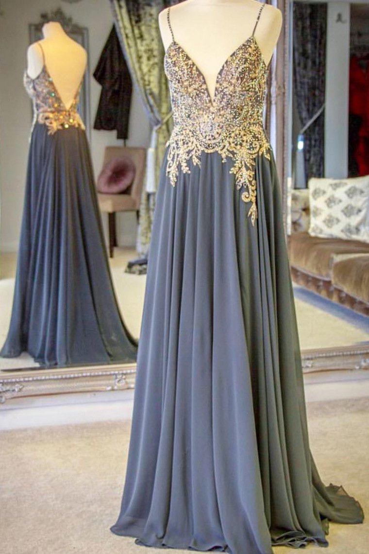 V-Neck Prom Dresses A-Line With Ruffles And Applique Beads