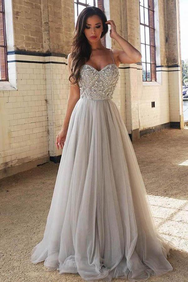A-Line Bead Silver Spaghetti Straps Sweetheart Slit Tulle Backless Sleeveless Evening Dresses WK181