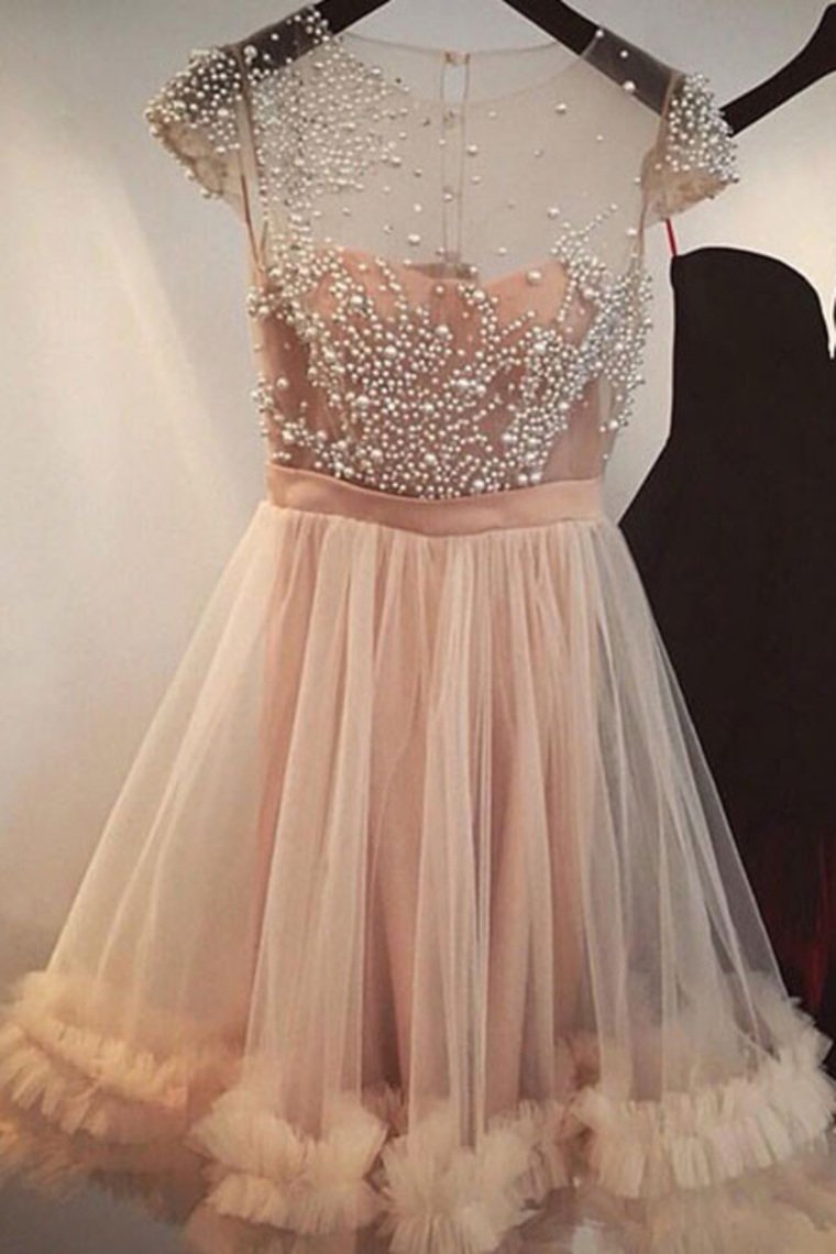 Scoop Short Sleeves Homecoming Dresses A Line Tulle With Beading