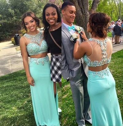 mint green long charming prom dress two pieces prom dress beaded evening dress BD2884