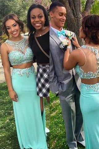mint green long charming prom dress two pieces prom dress beaded evening dress BD2884