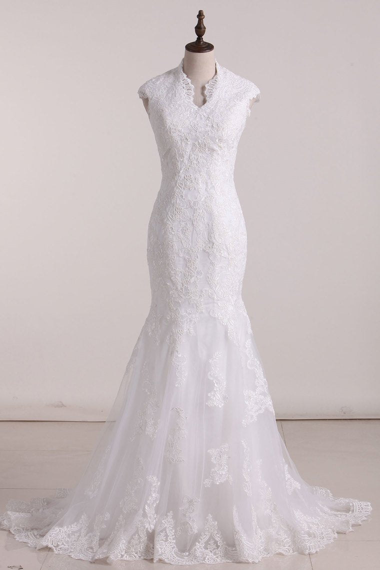 Mermaid V Neck Wedding Dresses Tulle With Applique And Sash Sweep Train