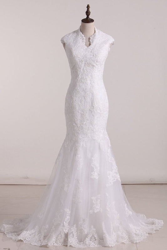 Mermaid V Neck Wedding Dresses Tulle With Applique And Sash Sweep Train