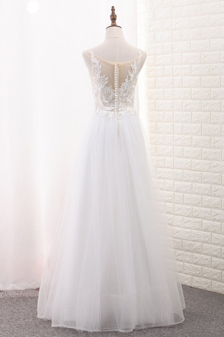 A Line Tulle & Lace Scoop Wedding Dresses With Applique Floor Length
