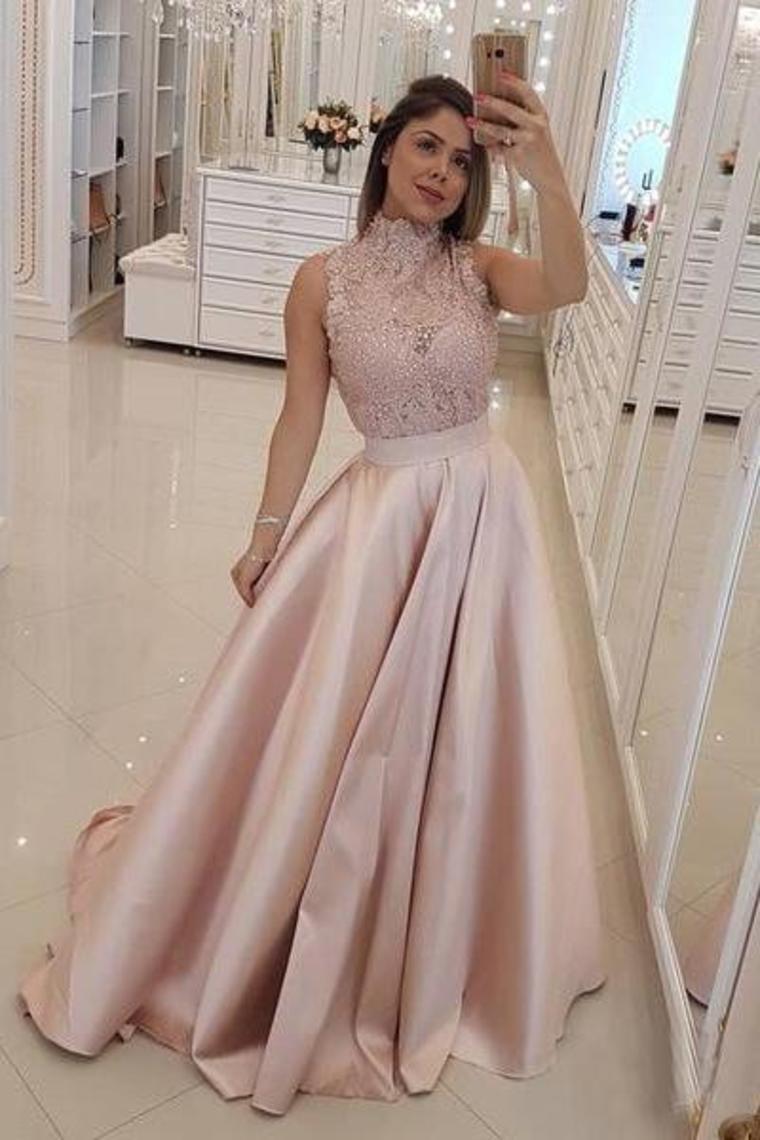 High Neck Prom Dresses A Line Satin Appliques With Beads Sweep Train