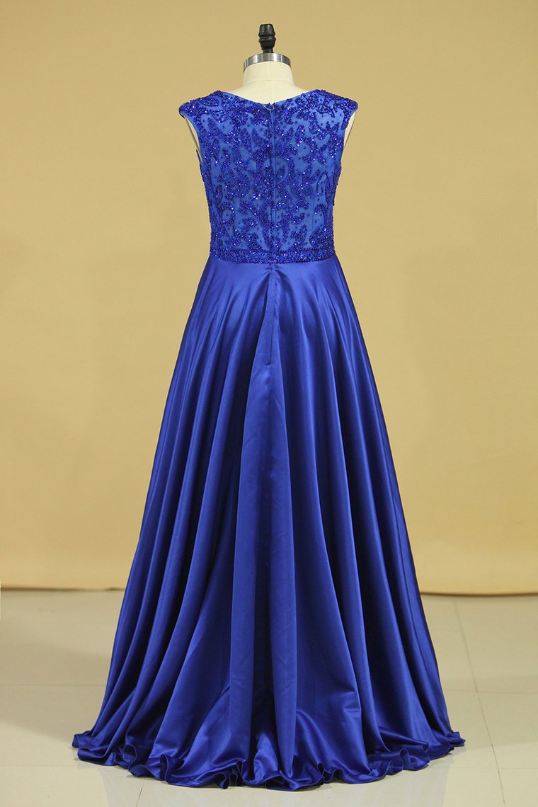 Plus Size A Line Prom Dresses Scoop Dark Royal Blue Satin Cap Sleeves Floor-Length