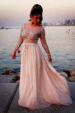 Long Sleeve Fashion Chiffon Long Scoop Pink A-Line Beads Custom Sexy Prom Dresses WK979