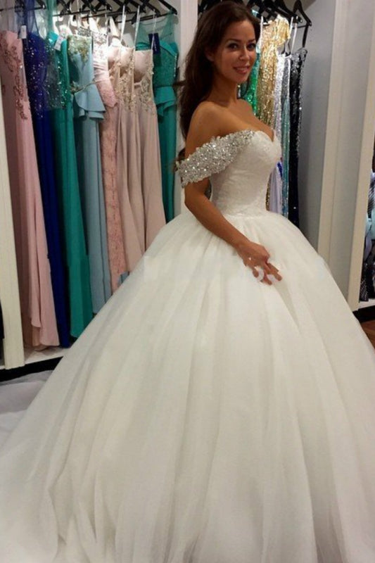 Wonderful Ball Gown Beaded Off the Shoulder Sweetheart Tulle White Wedding Dresses WK685