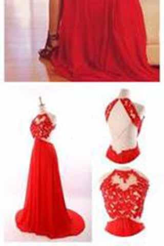 Red Backless Sexy Lace Unique Halter A-Line Slit Criss Cross Sleeveless Prom Dresses WK948