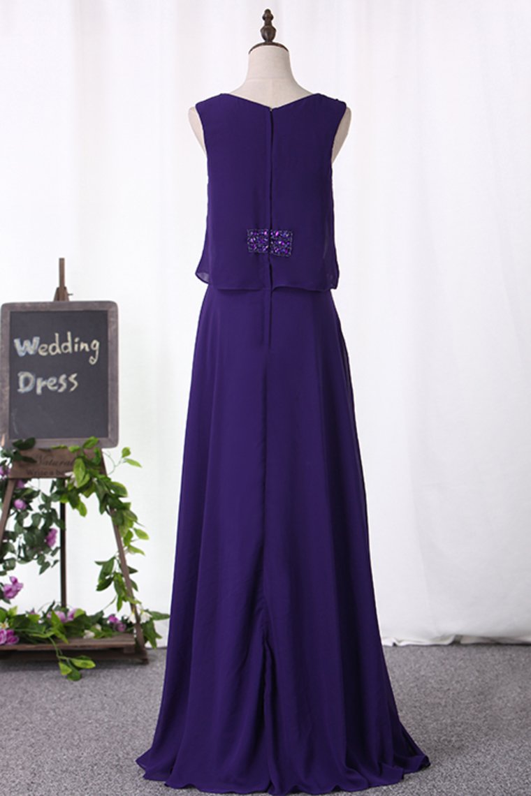A Line Scoop Prom Dresses Chiffon With Beading Floor Length