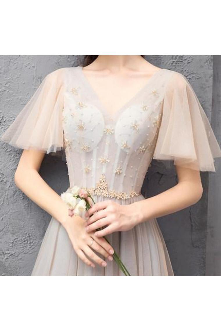 Elegant V Neck Floor Length Tulle Prom Dress, Bridesmaid Dresses