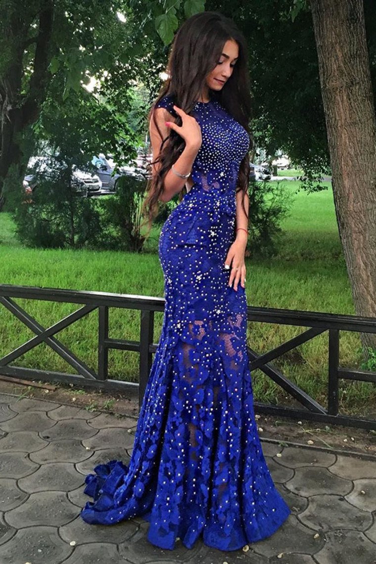 Sexy Open Back Scoop Lace With Beading Mermaid Prom Dresses