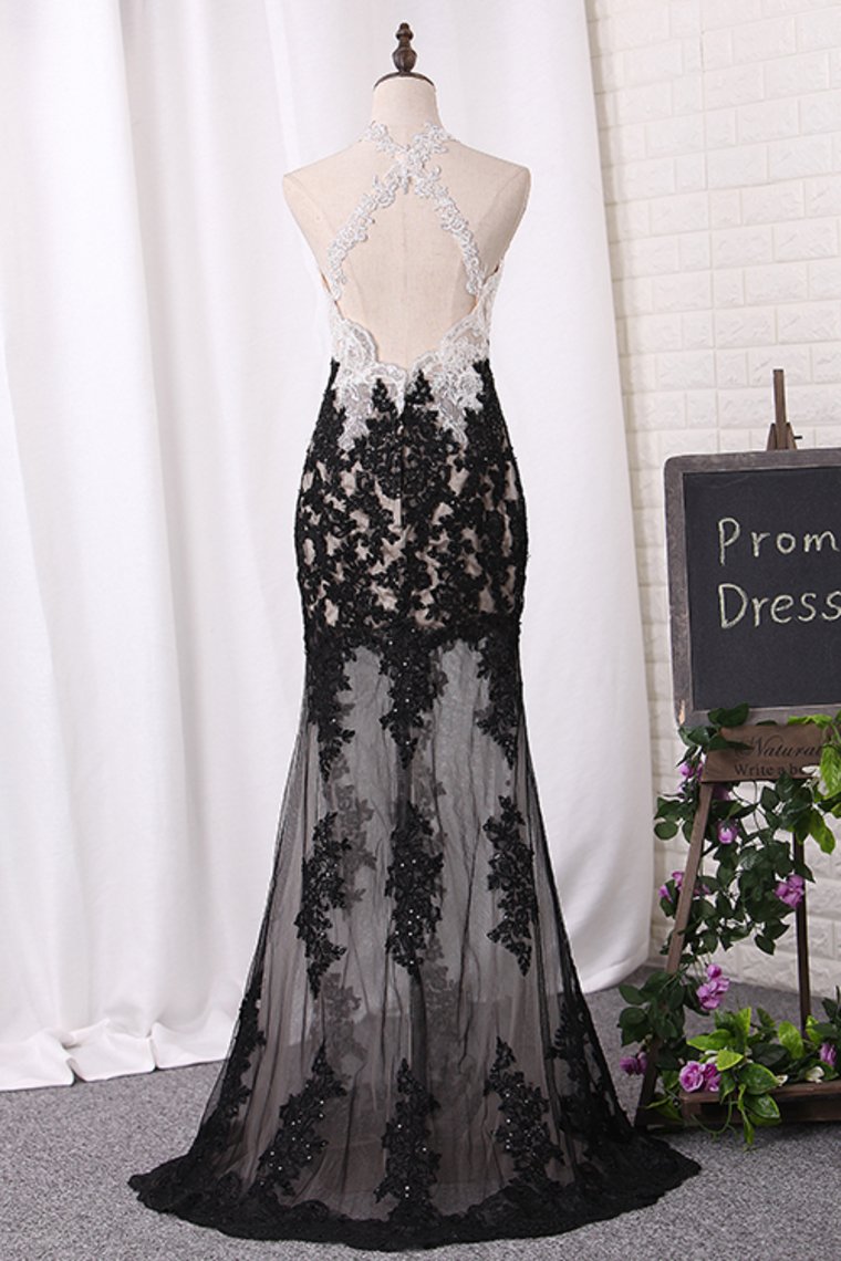 Prom Dresses Mermaid Spaghetti Straps Tulle With Applique Open Back