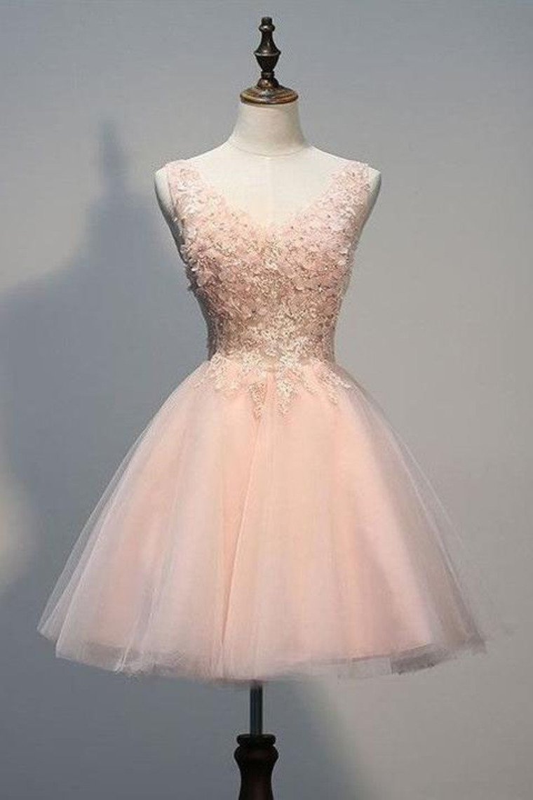A Line V Neck Tulle With Applique Short/Mini Homecoming Dresses