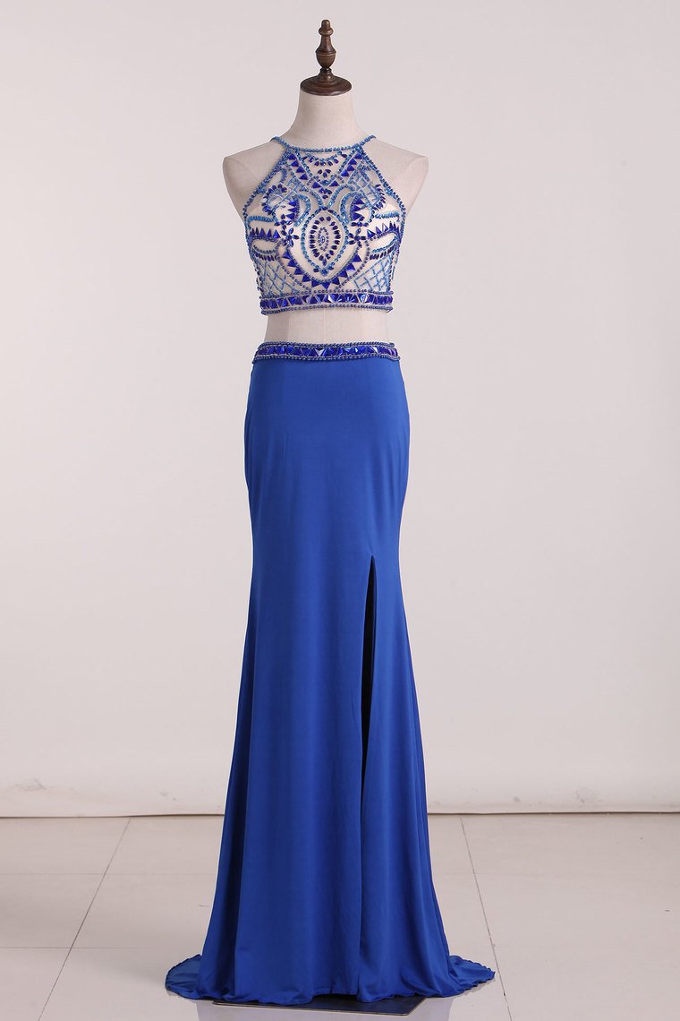 Spaghetti Straps Two-Piece Spandex Prom Dresses With Beads And Slit Mermaid