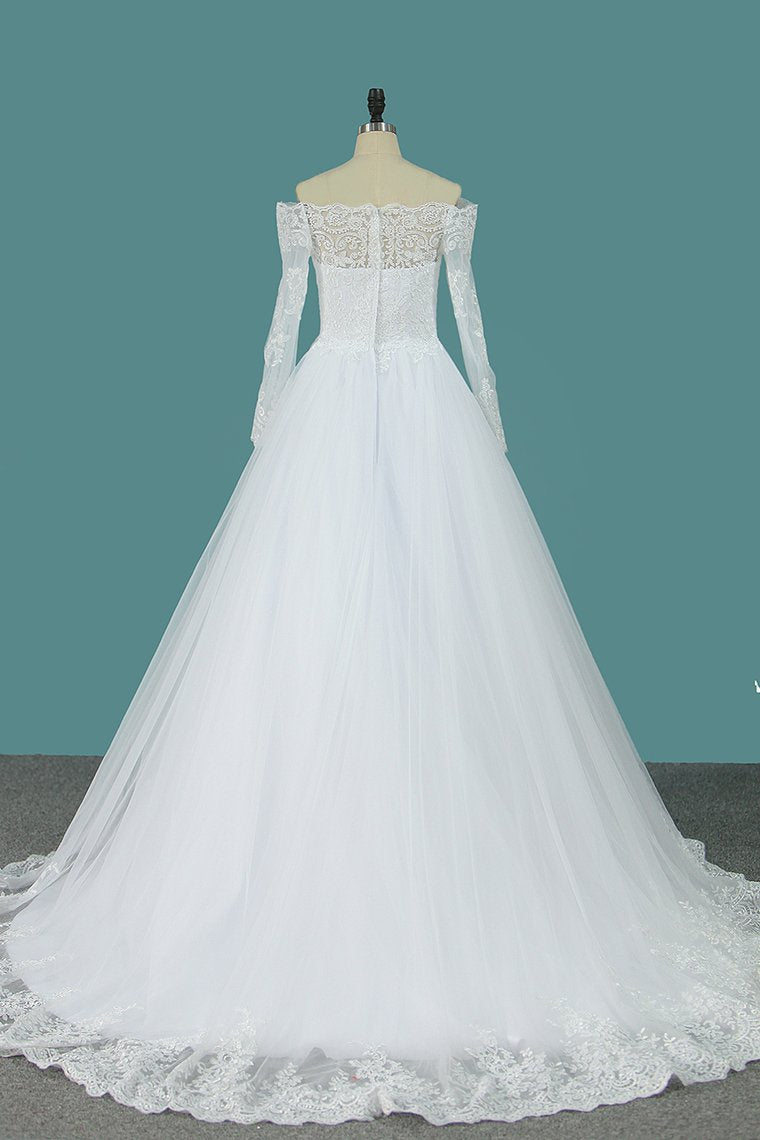 Boat Neck A Line Long Sleeves Wedding Dresses Tulle With Applique