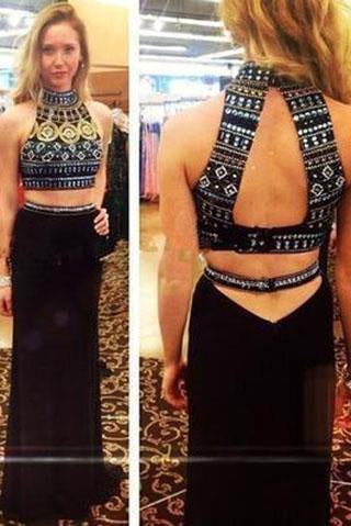 Two Pieces Mermaid Sexy Long Open Back Halter Beads Chiffon Sleeveless Evening Dresses WK971