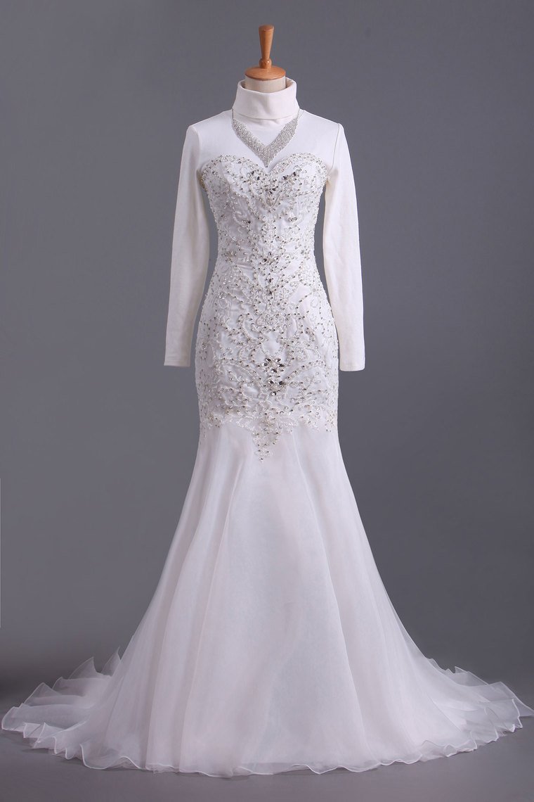 Sweetheart Beaded Bodice Sheath/Column Wedding Dress With Organza Skirt