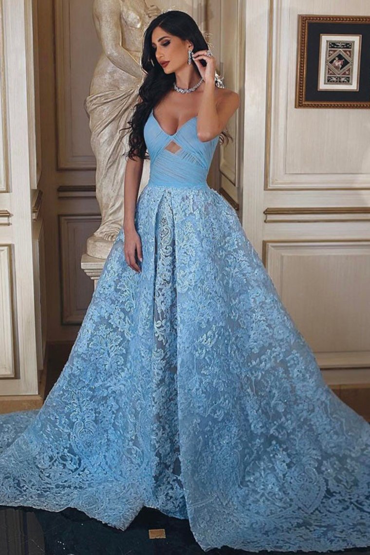 Sweetheart Prom Dresses A Line Lace With Ruffles Court Train