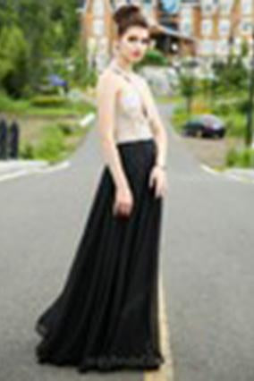 Classy A-line Scoop Chiffon Tulle Crystal Detailing Black Open Back Prom Dresses WK525