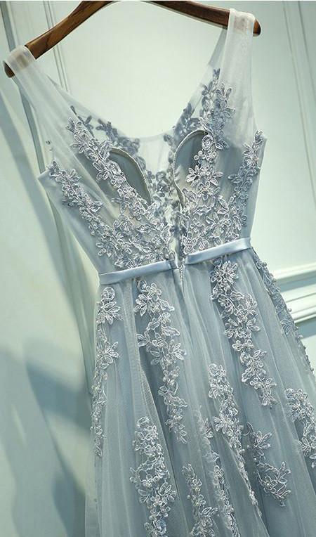 Blush A-Line V-Neck Sleeveless Gray Zipper Appliques Party Dress Prom Dresses WK162