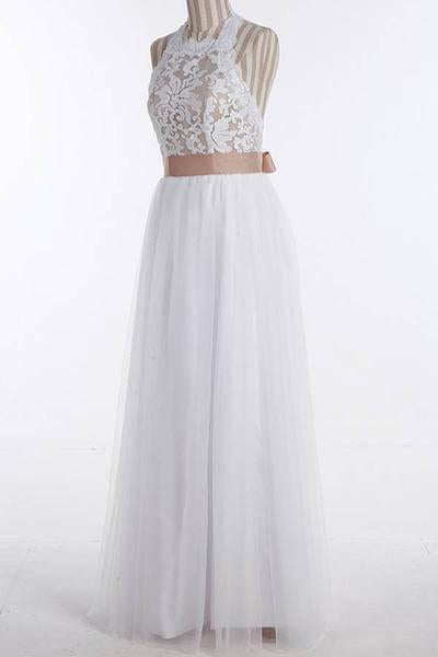Simple A-Line White Open Back Jewel Sleeveless Floor-Length Lace Top Halter Wedding Dress WK381