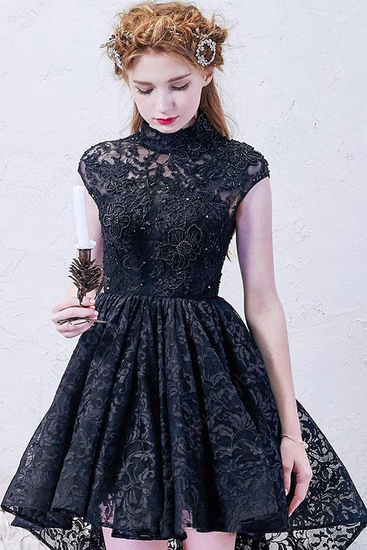 A-line High Neck Asymmetrical Lace Black Open Back High Low Modern Prom Dresses WK778