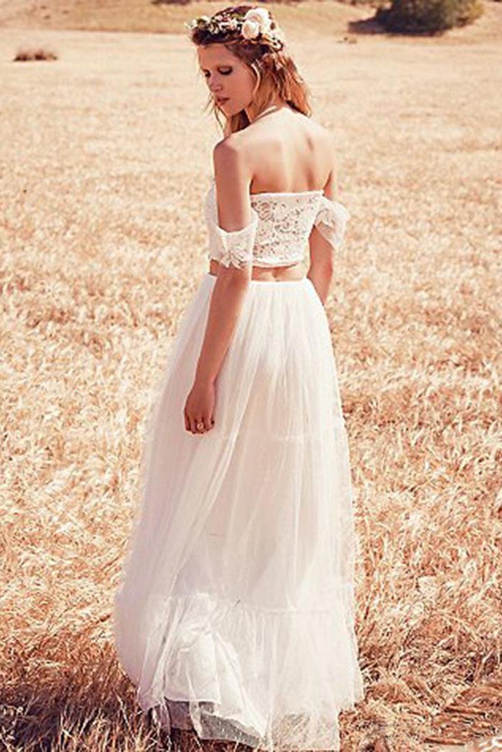 Unique A-Line Two Pieces Off-the-Shoulder Ivory Tulle Princess Lace Wedding Dresses WK405