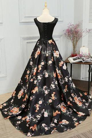 Chic A-Line Scoop Satin Black Lace up Sleeveless Long Flowers Prom Dresses WK622
