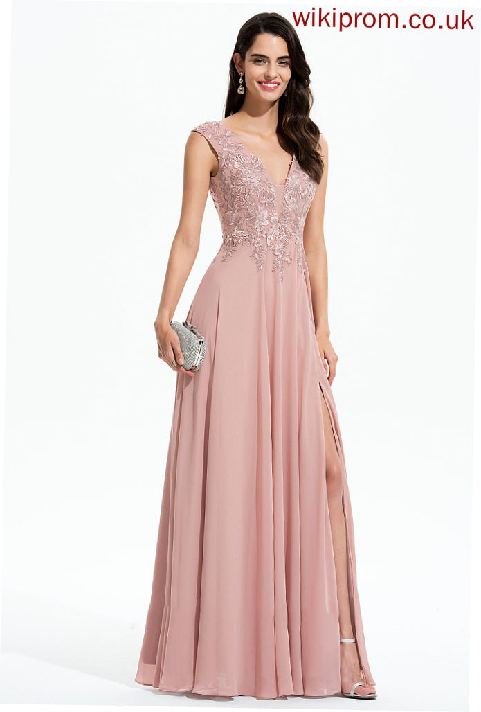 Chiffon Summer A-Line Floor-Length With Prom Dresses V-neck Split Lace Front