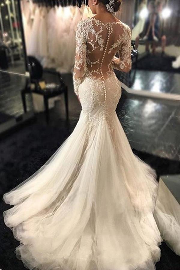 Long Sleeves Court Train Ivory V-Neck Mermaid Tulle Wedding Dress With Lace Appliques WK64