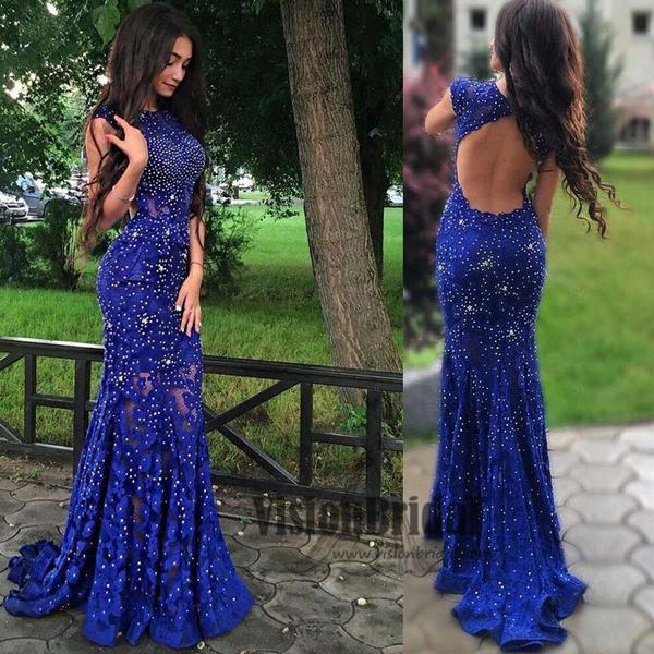 Royal Blue Jewel Sweep Train Lace Backless Mermaid Prom Dress with Beading N36