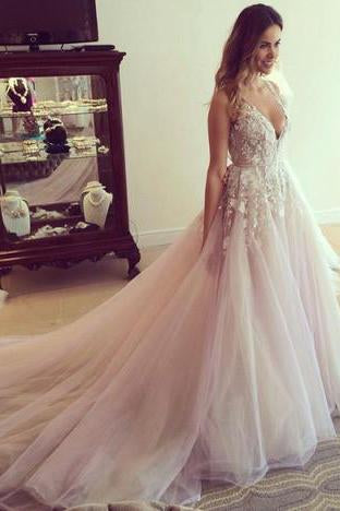 Gorgeous A-line Tulle Long Bridal Gowns Deep V-Neck Wedding Dresses WK184