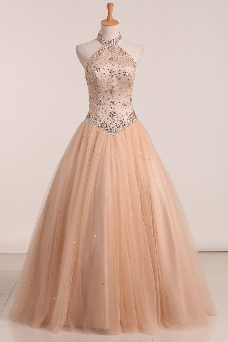New Arrival Halter Quinceanera Dresses A Line Tulle With Beading