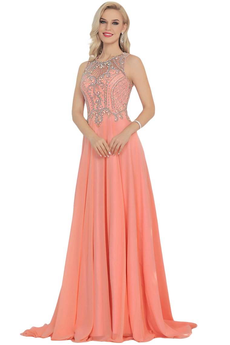 Sexy Open Back Scoop Prom Dresses With Beading Chiffon