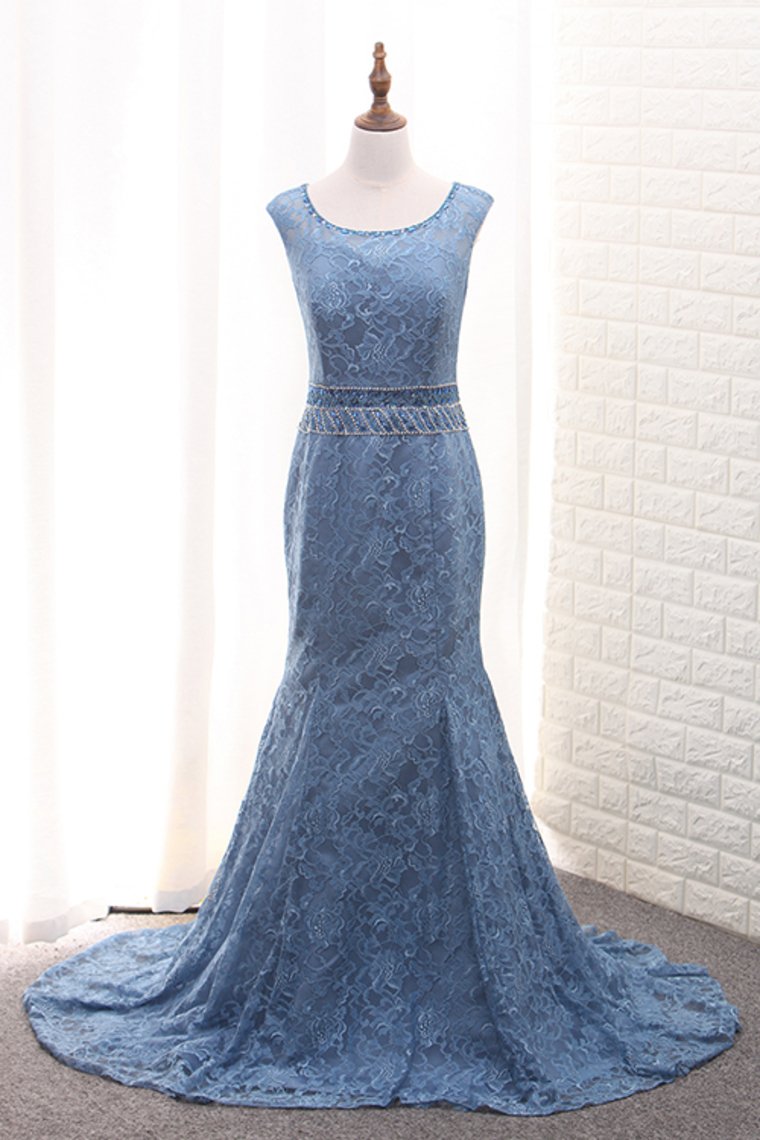 Lace Mermaid Scoop Mother Of The Bride Dresses With Beads Sweep Train