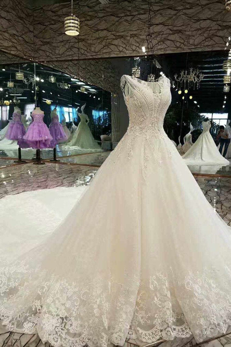Fantastic New Arrival Scoop Neck A Line With Crystals Royal Train Wedding Dresses