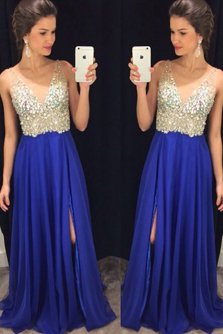 V Neck Prom Dresses A Line Chiffon With Beads And Slit
