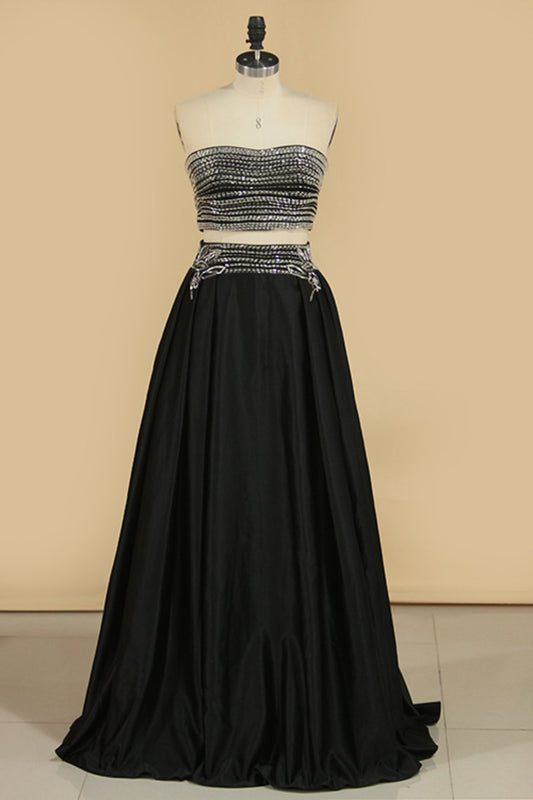 New Arrival Strapless Two-Piece Satin With Beads A Line Prom Dresses