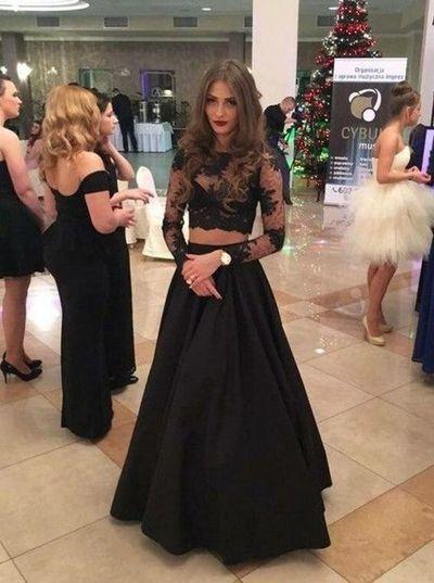 Elegant Two Piece A-line Lace Long Sleeves Black Prom Dresses WK857