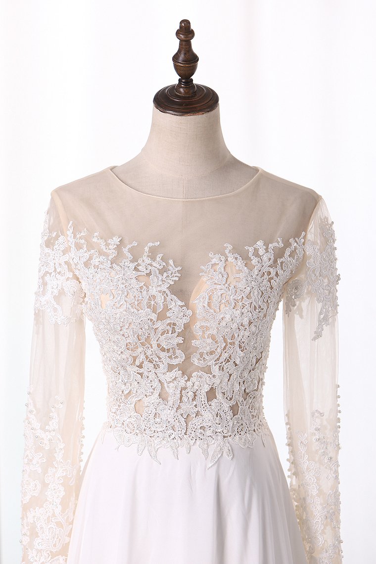 Bateau Wedding Dresses Long Sleeves A Line Chiffon With Applique And Slit