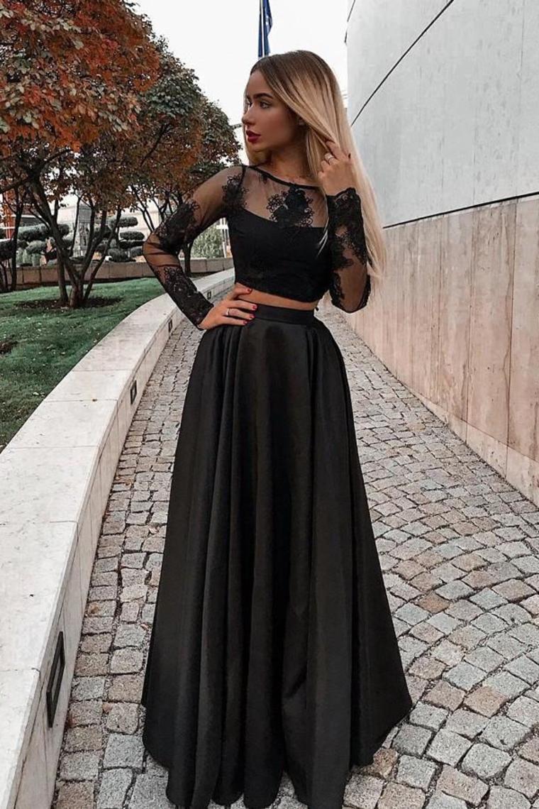 Long Sleeves Scoop Prom Dresses A Line Satin With Applique Two Pieces
